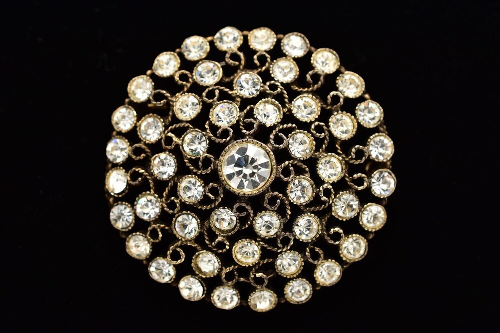 Vintage Crystal Round Pin Brooch Rhinestone Sparkling Gunmetal 1980s BinJ